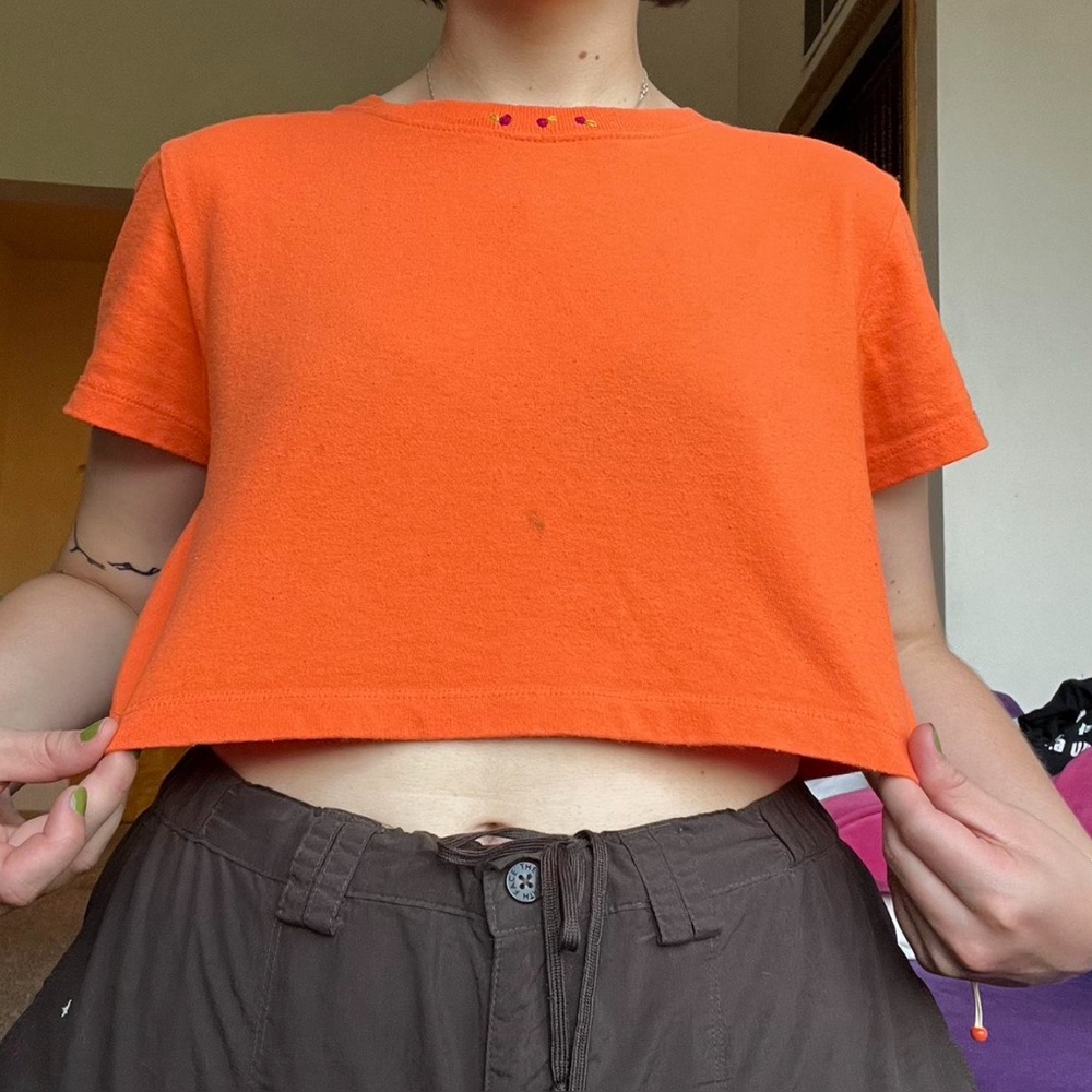 🍊Orange crop-top with hand-embroidered rose embellishments🌹